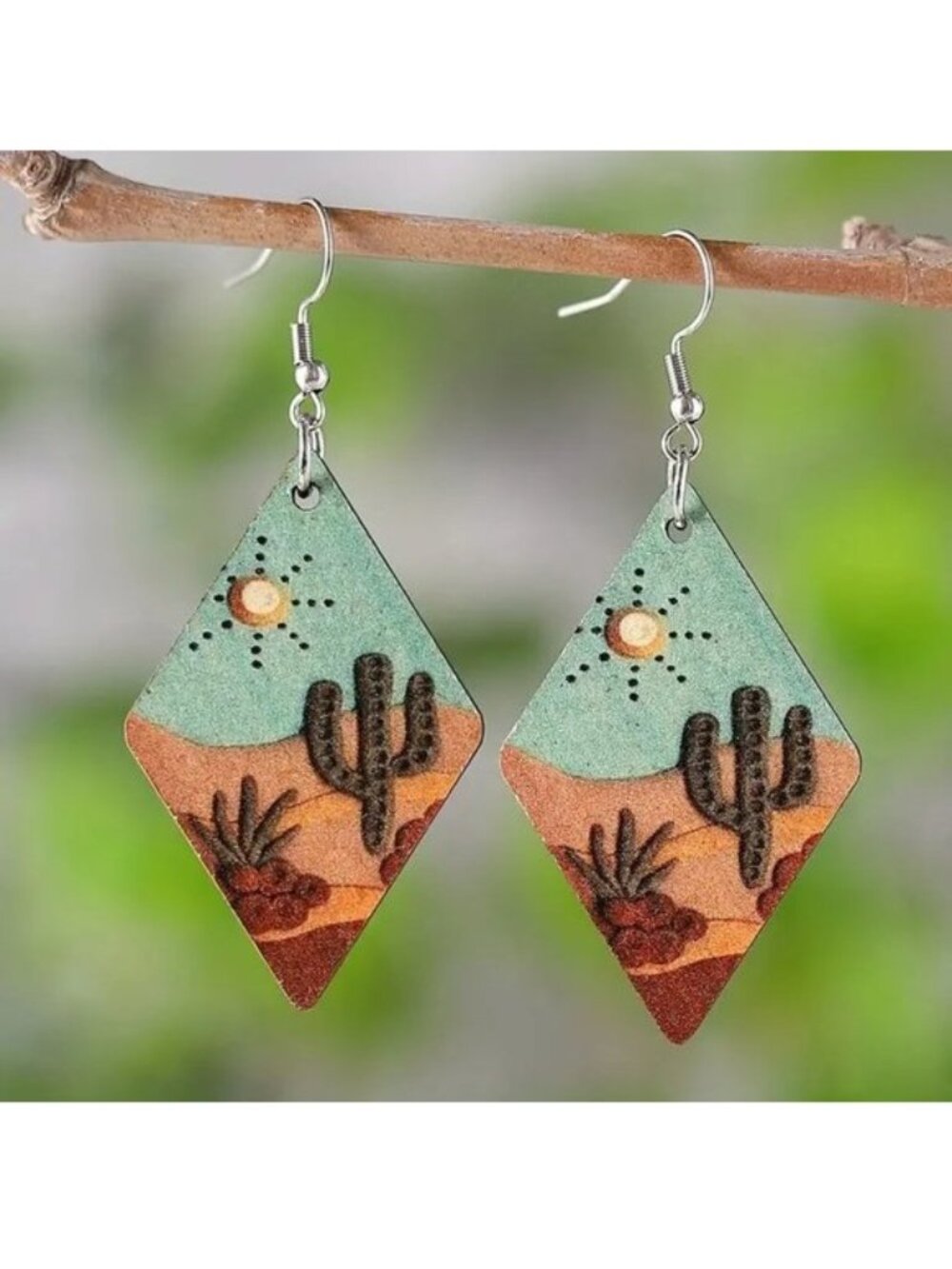 Cactus Earrings Southwest Wood Dangle Sun Desert Boho Hippie Fashion Stylish Fun